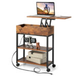 Lift Top End Table with Charging Station and Wheels Rustic Brown