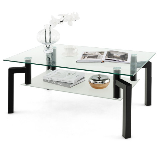 Modern 2-Tier Glass Coffee Table with Metal Legs Black 4 Modern 2-Tier Glass Coffee Table with Metal Legs Black - Image 4