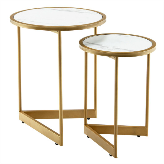 White Marble Nesting Coffee Tables with Gold Frame (Set of 2) 3 White Marble Nesting Coffee Tables with Gold Frame (Set of 2) - Image 3