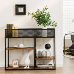 Rustic Brown Industrial Console Table with Wire Basket and Shelves 9 Rustic Brown Industrial Console Table with Wire Basket and Shelves
