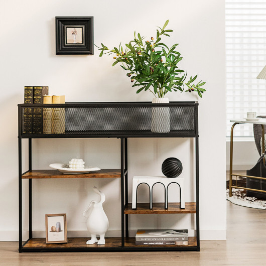 Rustic Brown Industrial Console Table with Wire Basket and Shelves 2 Rustic Brown Industrial Console Table with Wire Basket and Shelves - Image 2