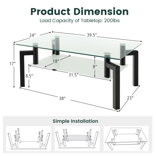 Modern 2-Tier Glass Coffee Table with Metal Legs Black 5 Modern 2-Tier Glass Coffee Table with Metal Legs Black - Image 5