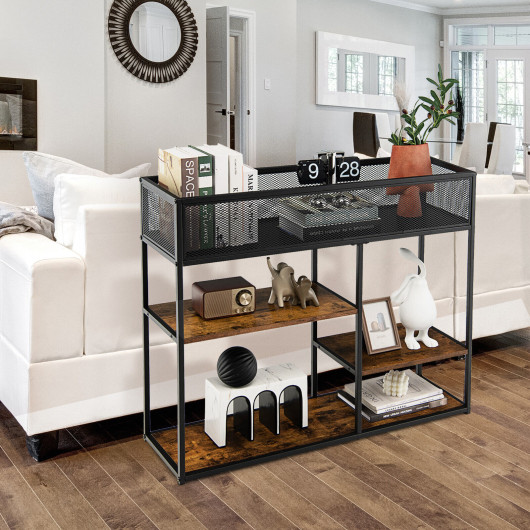 Rustic Brown Industrial Console Table with Wire Basket and Shelves 6 Rustic Brown Industrial Console Table with Wire Basket and Shelves - Image 6