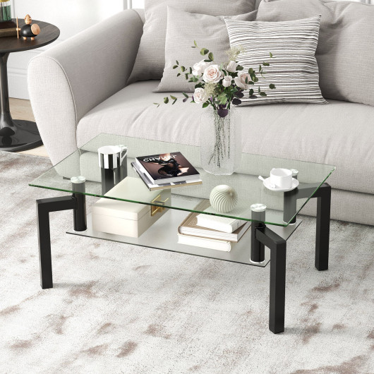 Modern 2-Tier Glass Coffee Table with Metal Legs Black 6 Modern 2-Tier Glass Coffee Table with Metal Legs Black - Image 6