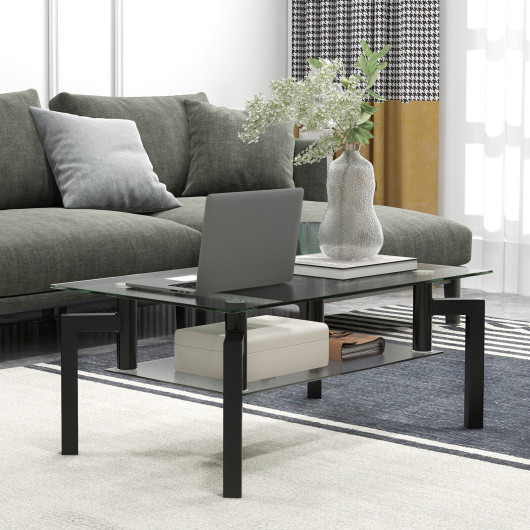 Modern 2-Tier Glass Coffee Table with Metal Legs Black 7 Modern 2-Tier Glass Coffee Table with Metal Legs Black - Image 7