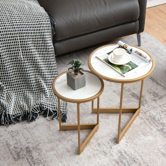 White Marble Nesting Coffee Tables with Gold Frame (Set of 2) 2 White Marble Nesting Coffee Tables with Gold Frame (Set of 2) - Image 2
