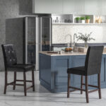 Button Tufted Bar Stools with Rubber Wood Legs (Set of 2)