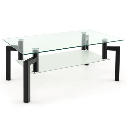 Modern 2-Tier Glass Coffee Table with Metal Legs Black 3 Modern 2-Tier Glass Coffee Table with Metal Legs Black - Image 3