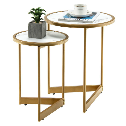 White Marble Nesting Coffee Tables with Gold Frame (Set of 2) 4 White Marble Nesting Coffee Tables with Gold Frame (Set of 2) - Image 4