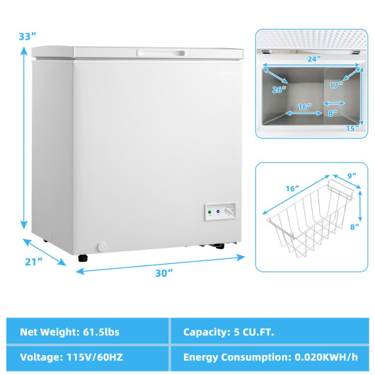 Compact 5 Cu Ft Chest Freezer with Basket and Wheels