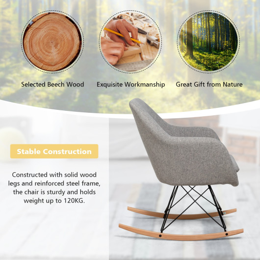 Gray Upholstered Rocking Chair with Steel and Beech Wood Base 2 Gray Upholstered Rocking Chair with Steel and Beech Wood Base - Image 2