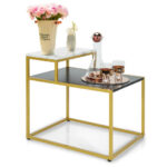 2-Tier White End Table with Metal Frame and Storage Shelf