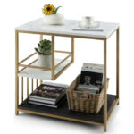 3 Tier Marble End Table with Storage Shelves and Golden Frame