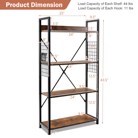 Industrial 4-Tier Bookshelf with Adjustable Shelf and Hooks 4 Industrial 4-Tier Bookshelf with Adjustable Shelf and Hooks - Image 4