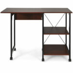 Folding Computer Desk with Storage Shelves and Lockable Wheels