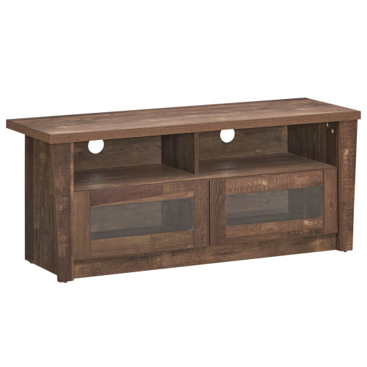 Wood TV Stand with Storage Shelves and Glass Door Cabinets 3 Wood TV Stand with Storage Shelves and Glass Door Cabinets - Image 3