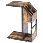 Industrial C Shape End Table with Storage Space and Shelves