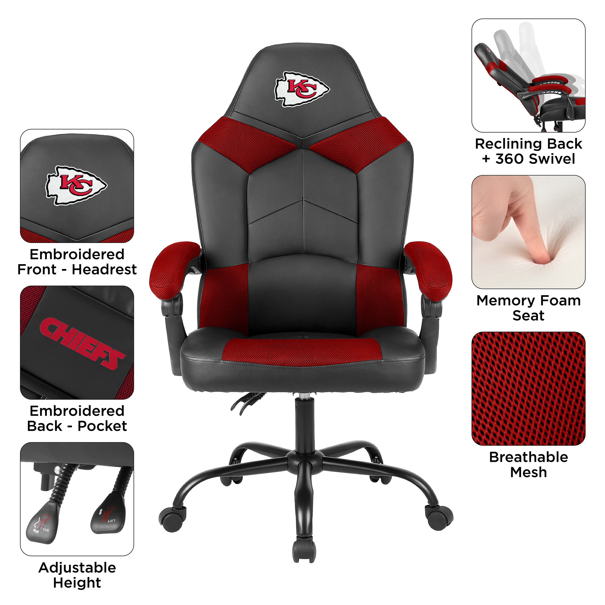 kansas city chiefs oversized gaming office chair with storage pouch