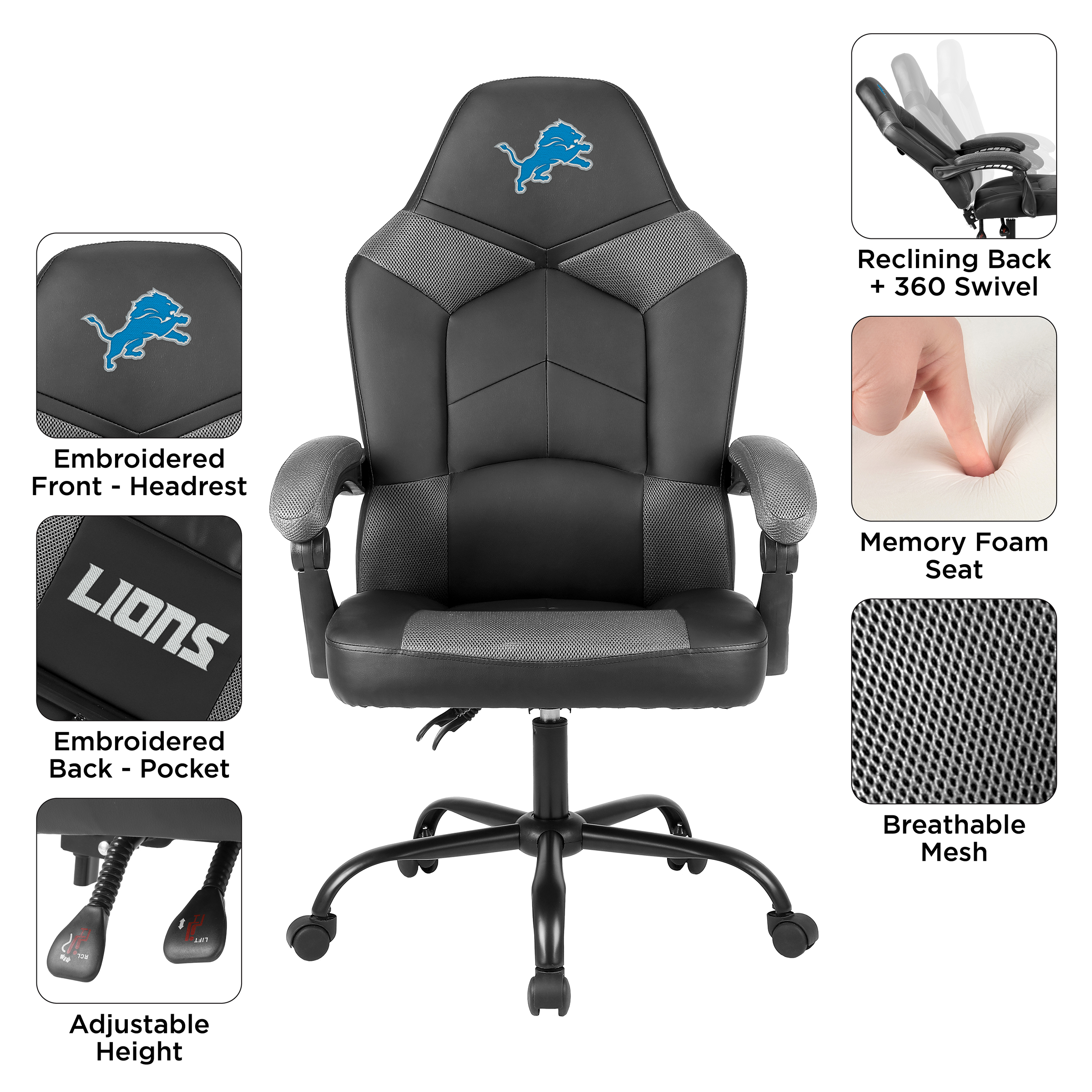 detroit lions oversized embroidered gaming office chair