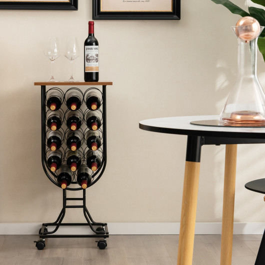 14 Bottle Metal Wine Rack with Lockable Wheels and Top Shelf 2 14 Bottle Metal Wine Rack with Lockable Wheels and Top Shelf - Image 2