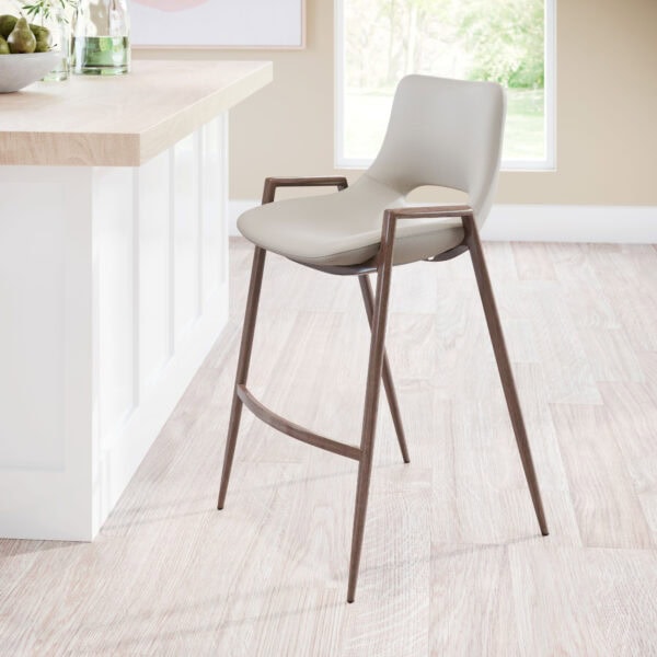 Mid-Century Modern Beige Counter Stool with Walnut Legs (Set of 2)