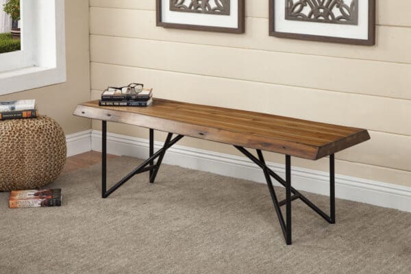 Light Walnut Acacia Wood Bench with Metal Legs Rustic Style