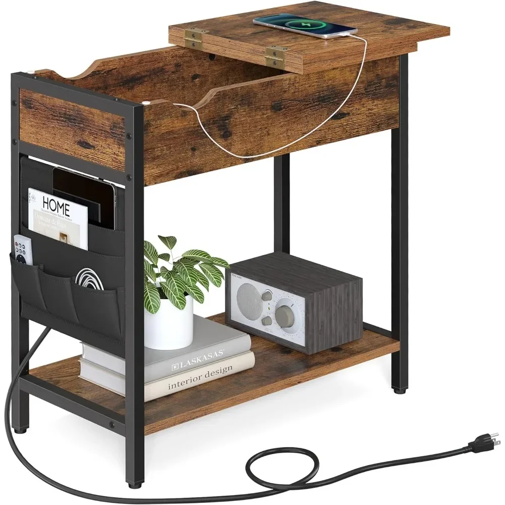 USB Port Side Table with Storage, Rustic Brown and Black Cave Supplies