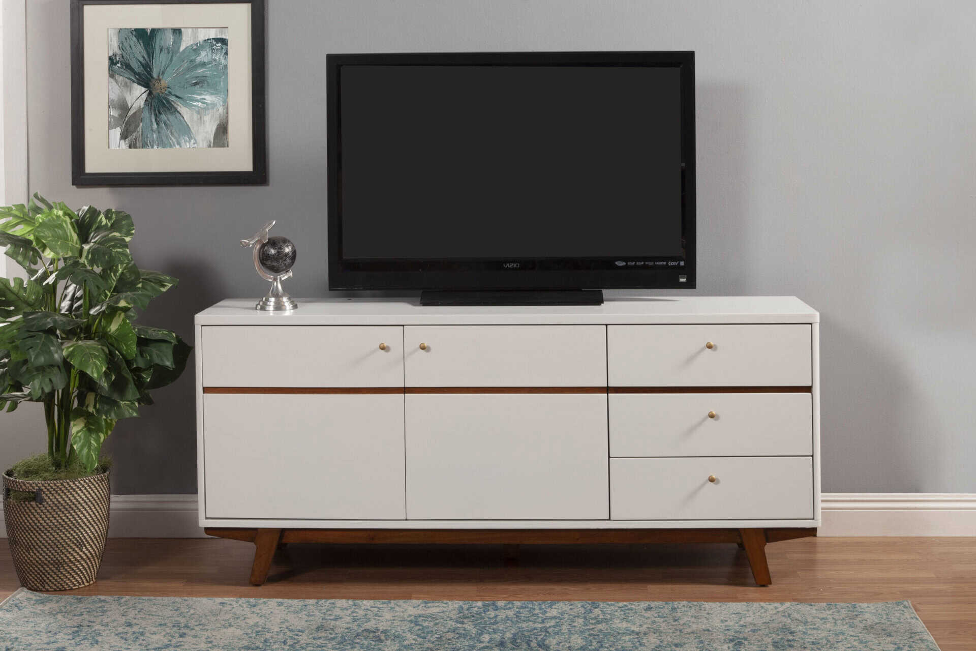 White Mahogany TV Console with Acorn Accents and Storage 19 White Mahogany TV Console with Acorn Accents and Storage