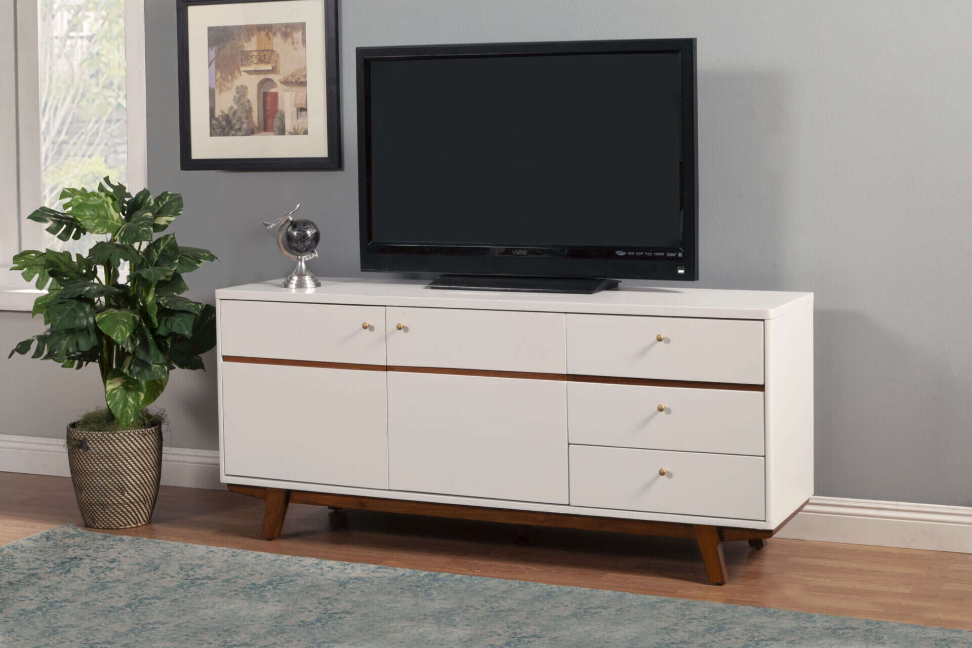 White Mahogany TV Console with Acorn Accents and Storage 1 White Mahogany TV Console with Acorn Accents and Storage