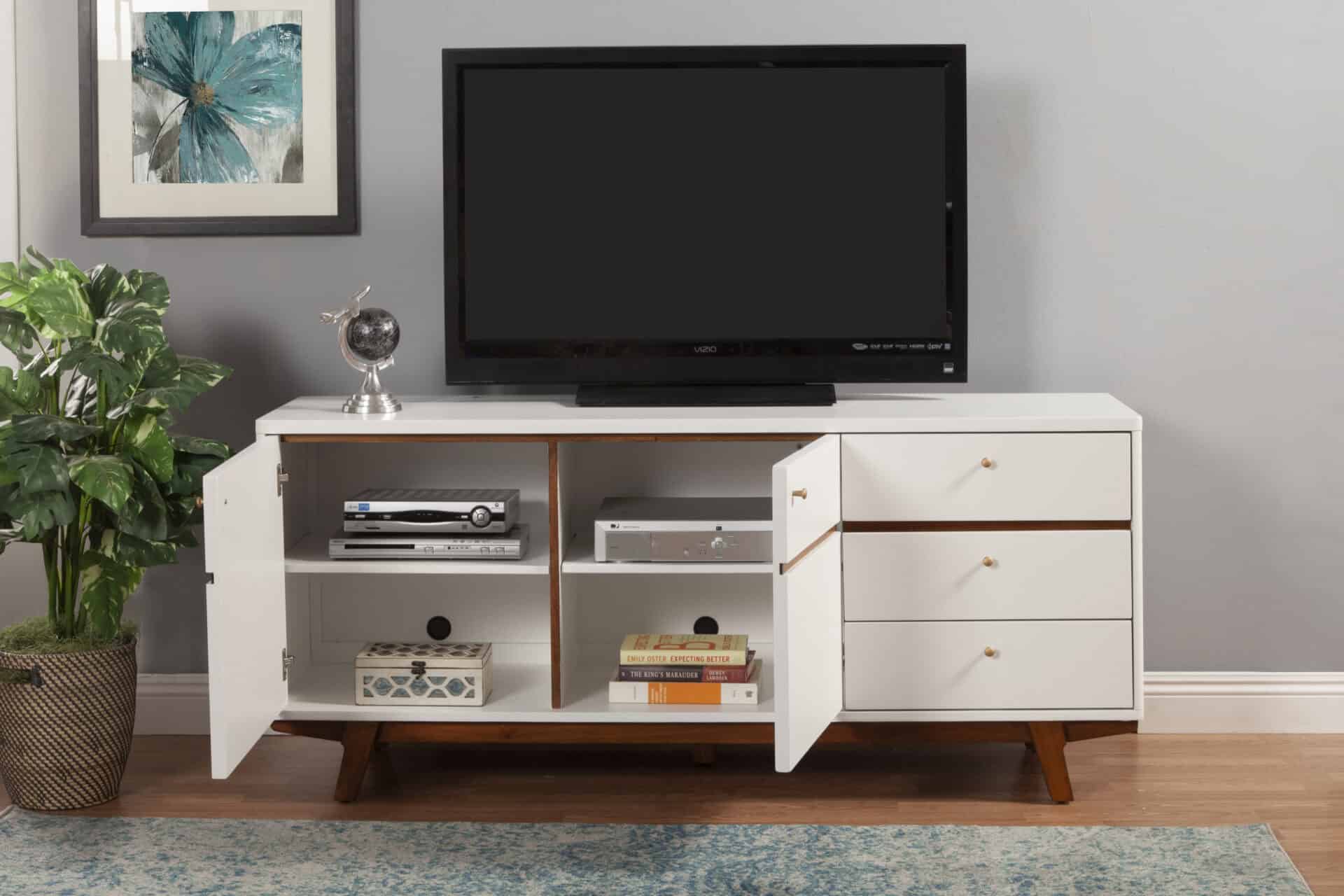 White Mahogany TV Console with Acorn Accents and Storage 2 White Mahogany TV Console with Acorn Accents and Storage - Image 2