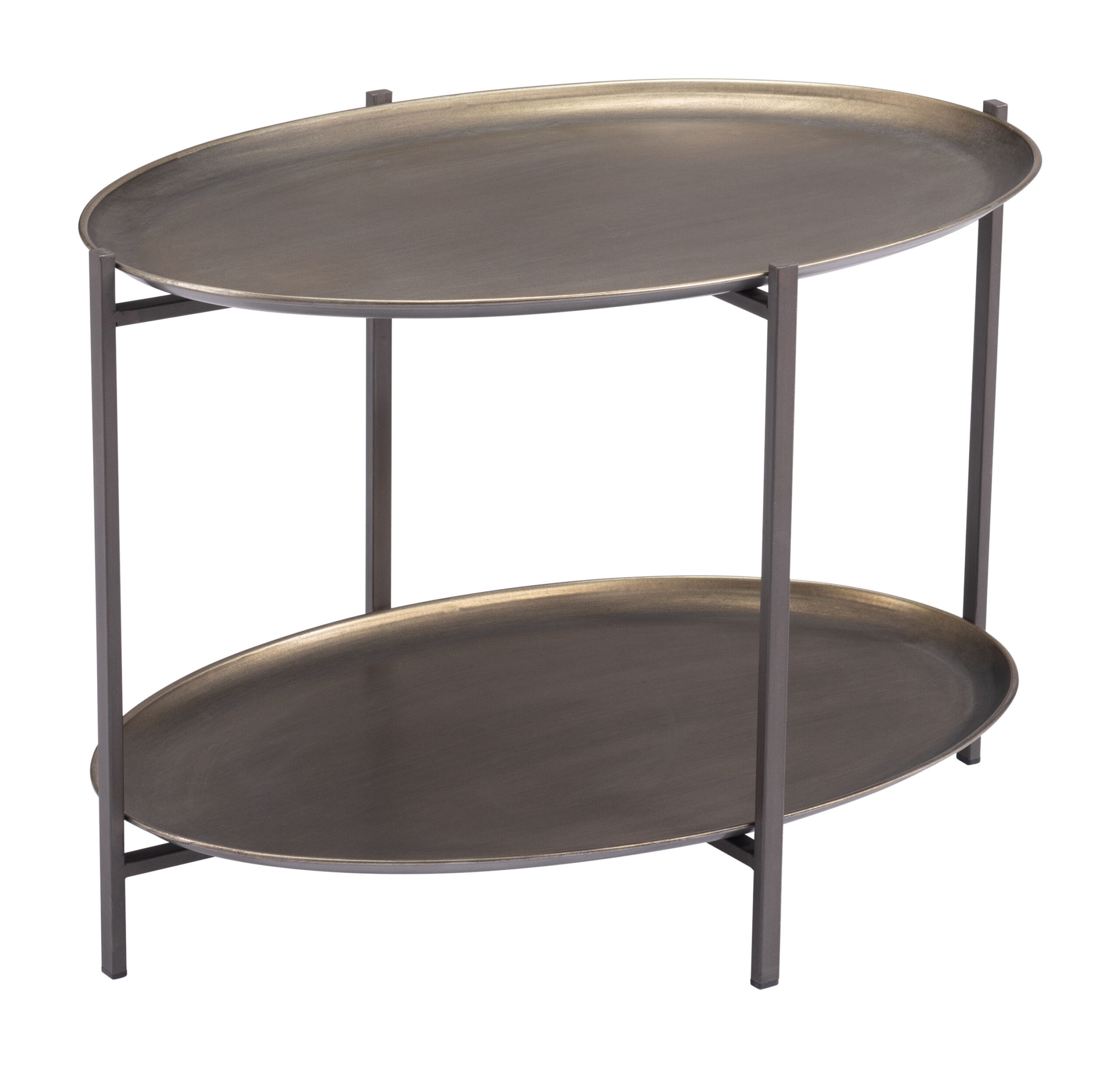 Round Industrial Coffee Table with 2-Tier Shelves, Bronze Finish 9 Round Industrial Coffee Table with 2-Tier Shelves, Bronze Finish