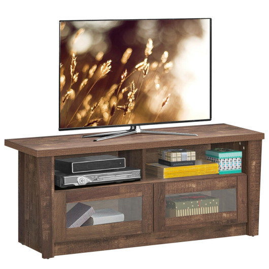 Wood TV Stand with Storage Shelves and Glass Door Cabinets 6 Wood TV Stand with Storage Shelves and Glass Door Cabinets - Image 6