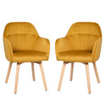 Yellow Velvet Upholstered Mid-Back Accent Armchairs with Wood Legs (Set of 2)
