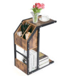 Industrial C Shape End Table with Storage Space and Shelves