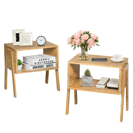 Stackable Bamboo Side Tables with Storage Shelf Compact Design (Set of 2) 3 Stackable Bamboo Side Tables with Storage Shelf Compact Design (Set of 2) - Image 3