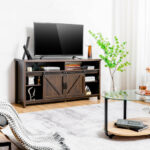 Farmhouse Sliding Barn Door TV Stand with Adjustable Shelves