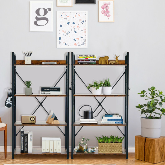 Industrial 4-Tier Bookshelf with Adjustable Shelf and Hooks 1 Industrial 4-Tier Bookshelf with Adjustable Shelf and Hooks