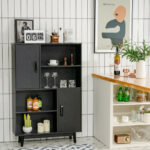 Modern Storage Cabinet with Doors Shelves and Rubberwood Legs