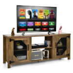 Rustic Brown TV Stand with Mesh Doors and Adjustable Shelves