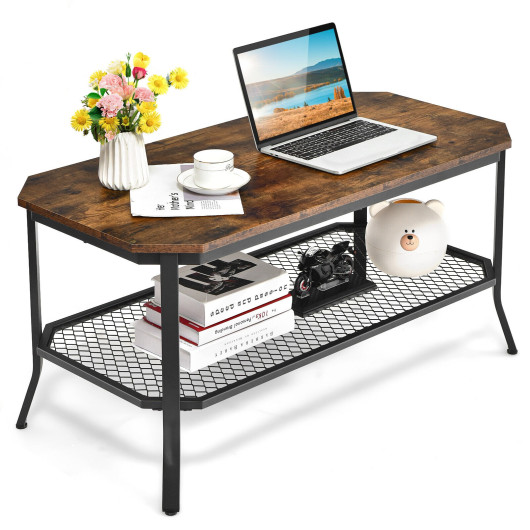 Industrial Coffee Table with 2-Tier Storage Shelf Rustic Brown 4 Industrial Coffee Table with 2-Tier Storage Shelf Rustic Brown - Image 4