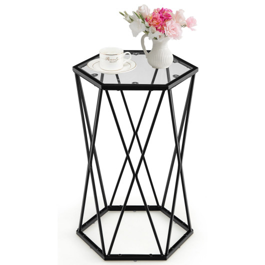 Hexagonal Glass Top End Table with Metal Frame 4 Hexagonal Glass Top End Table with Metal Frame - Image 4