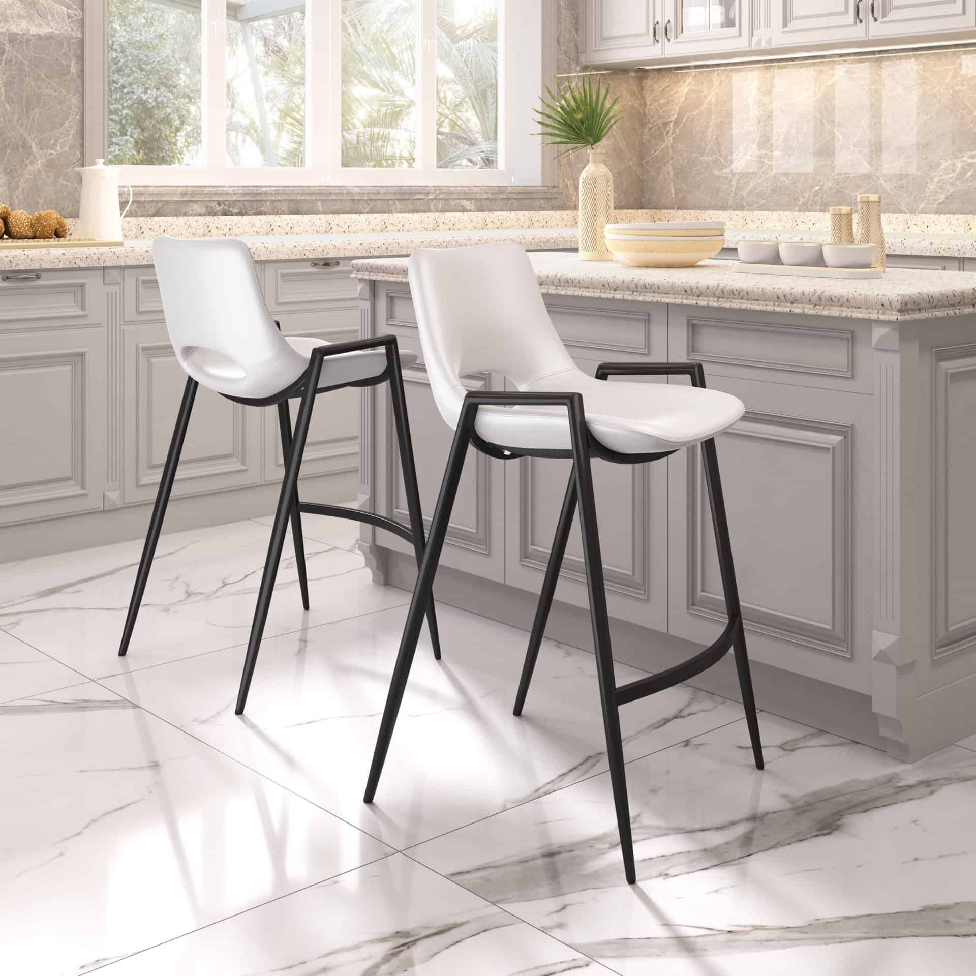 White Faux Leather Counter Stool with Black Steel Frame (Set of 2)