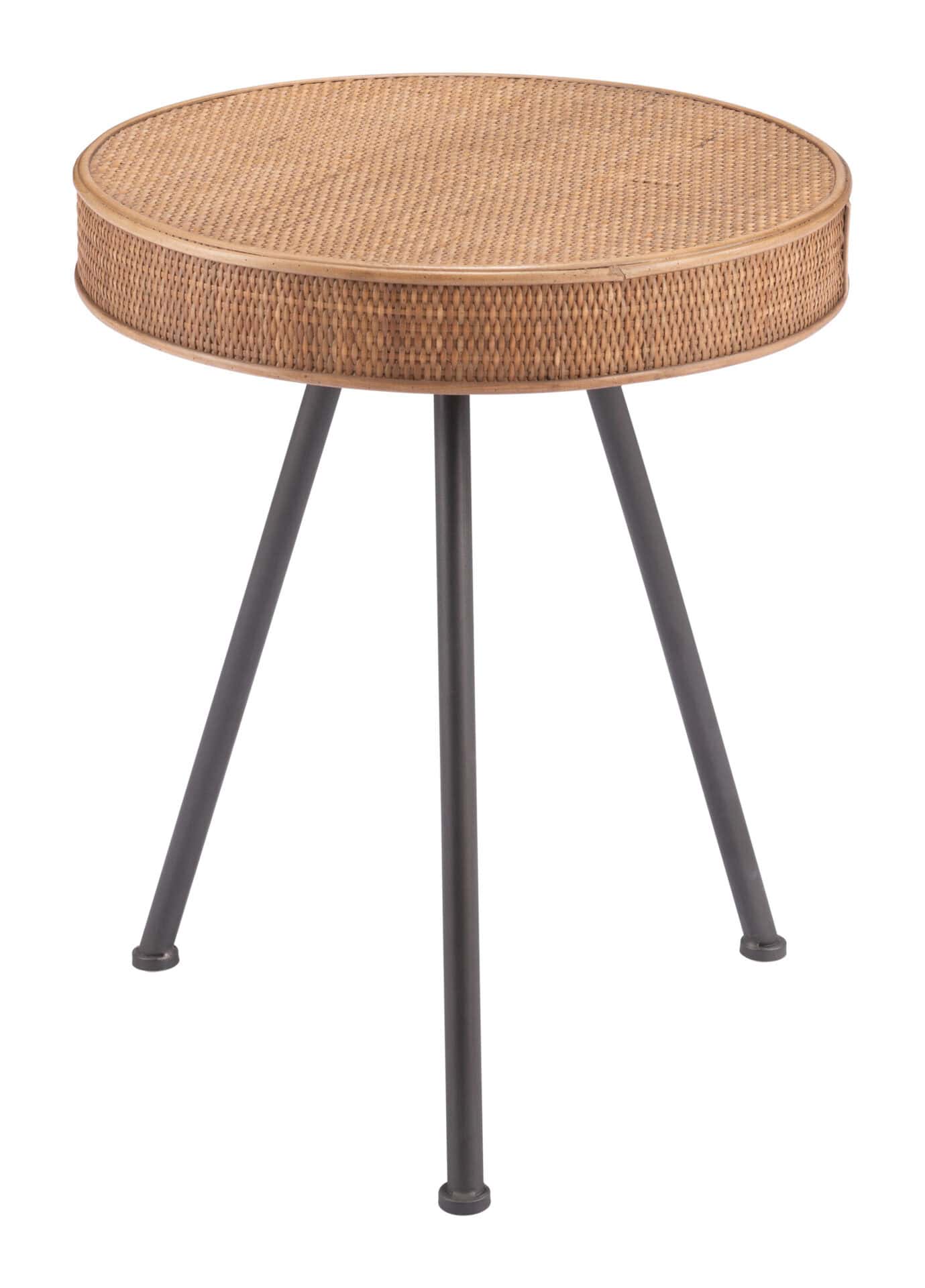 Round Wood and Rattan Side Table with Steel Frame 4 Round Wood and Rattan Side Table with Steel Frame - Image 4