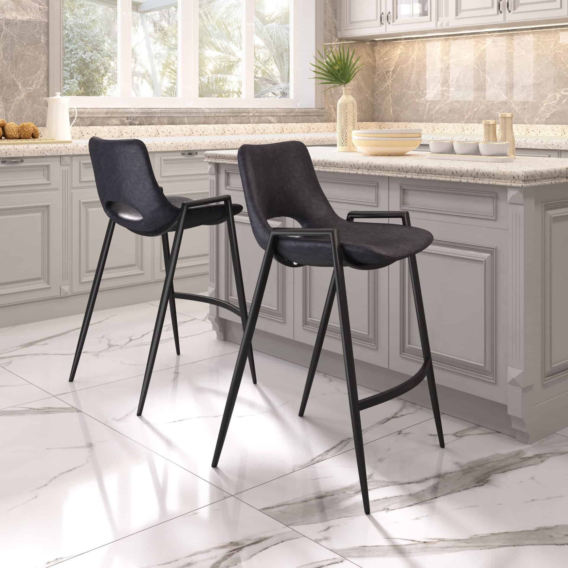 Black Mid-Century Modern Counter Stool with Faux Leather (Set of 2)
