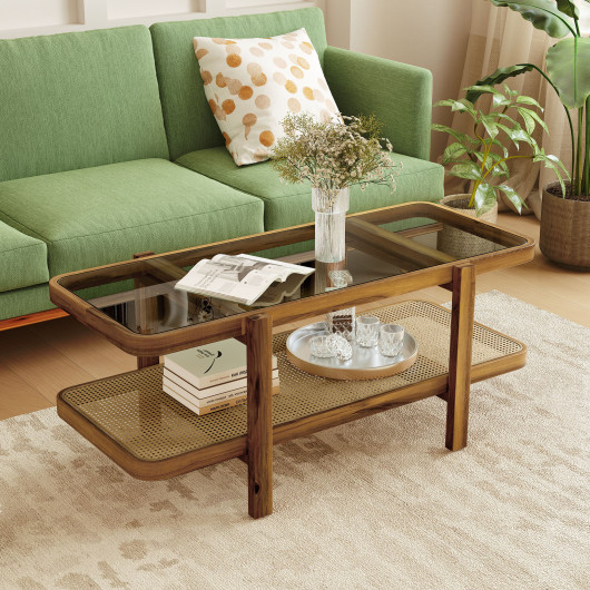 Rustic 2-Tier Coffee Table with Storage and Glass Top 2 Rustic 2-Tier Coffee Table with Storage and Glass Top - Image 2