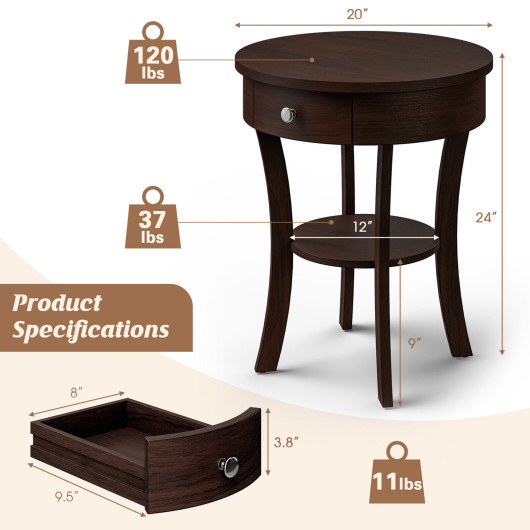 Round Wooden End Table with Drawer and Storage Shelf 4 Round Wooden End Table with Drawer and Storage Shelf - Image 4