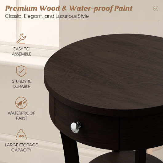 Round Wooden End Table with Drawer and Storage Shelf 5 Round Wooden End Table with Drawer and Storage Shelf - Image 5