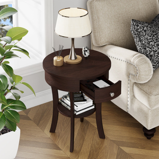 Round Wooden End Table with Drawer and Storage Shelf 7 Round Wooden End Table with Drawer and Storage Shelf - Image 7