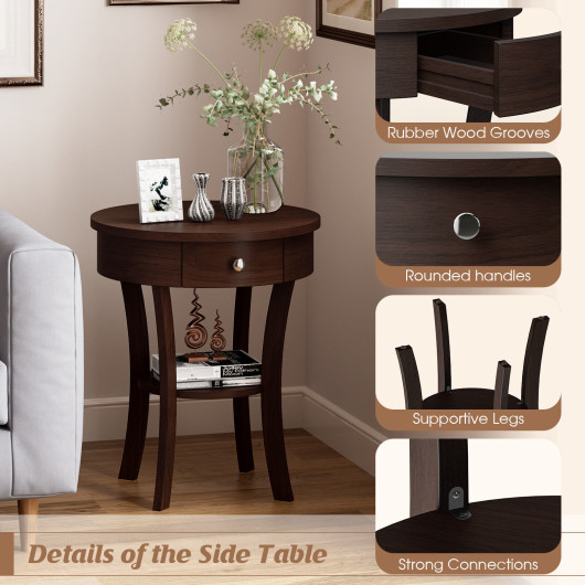 Round Wooden End Table with Drawer and Storage Shelf 2 Round Wooden End Table with Drawer and Storage Shelf - Image 2