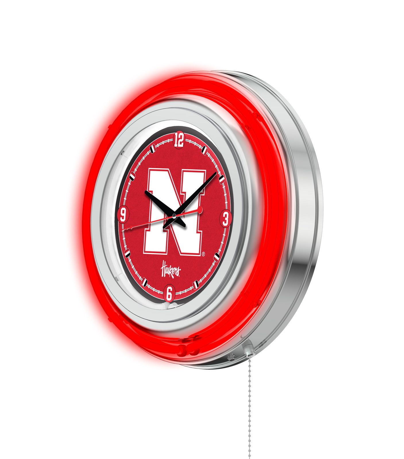 University of Nebraska 15-Inch Neon Logo Clock in Chrome 2 University of Nebraska 15-Inch Neon Logo Clock in Chrome - Image 2